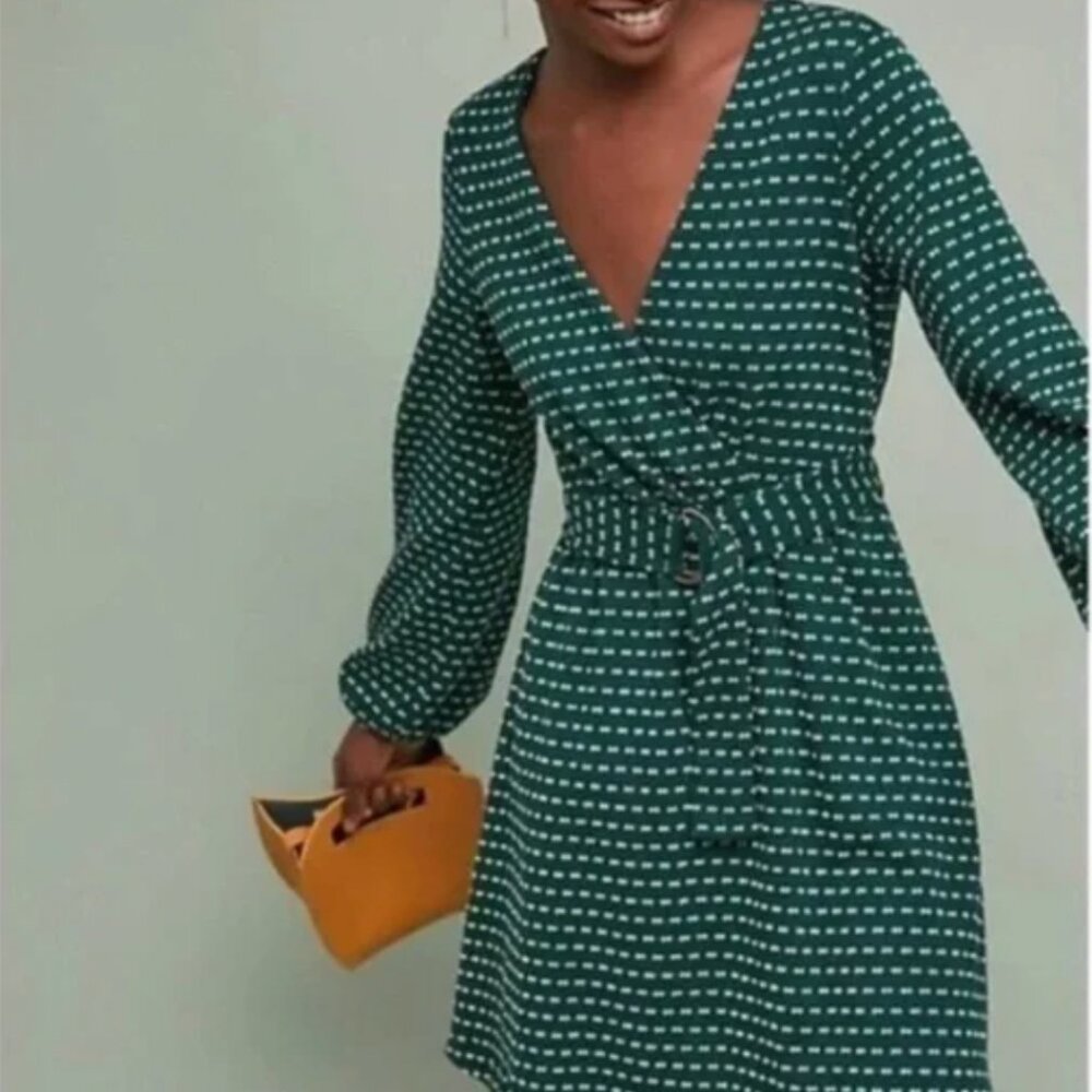 NWT Anthropologie Maeve Malta Green and White Dots Faux Wrap Belted Dress XS